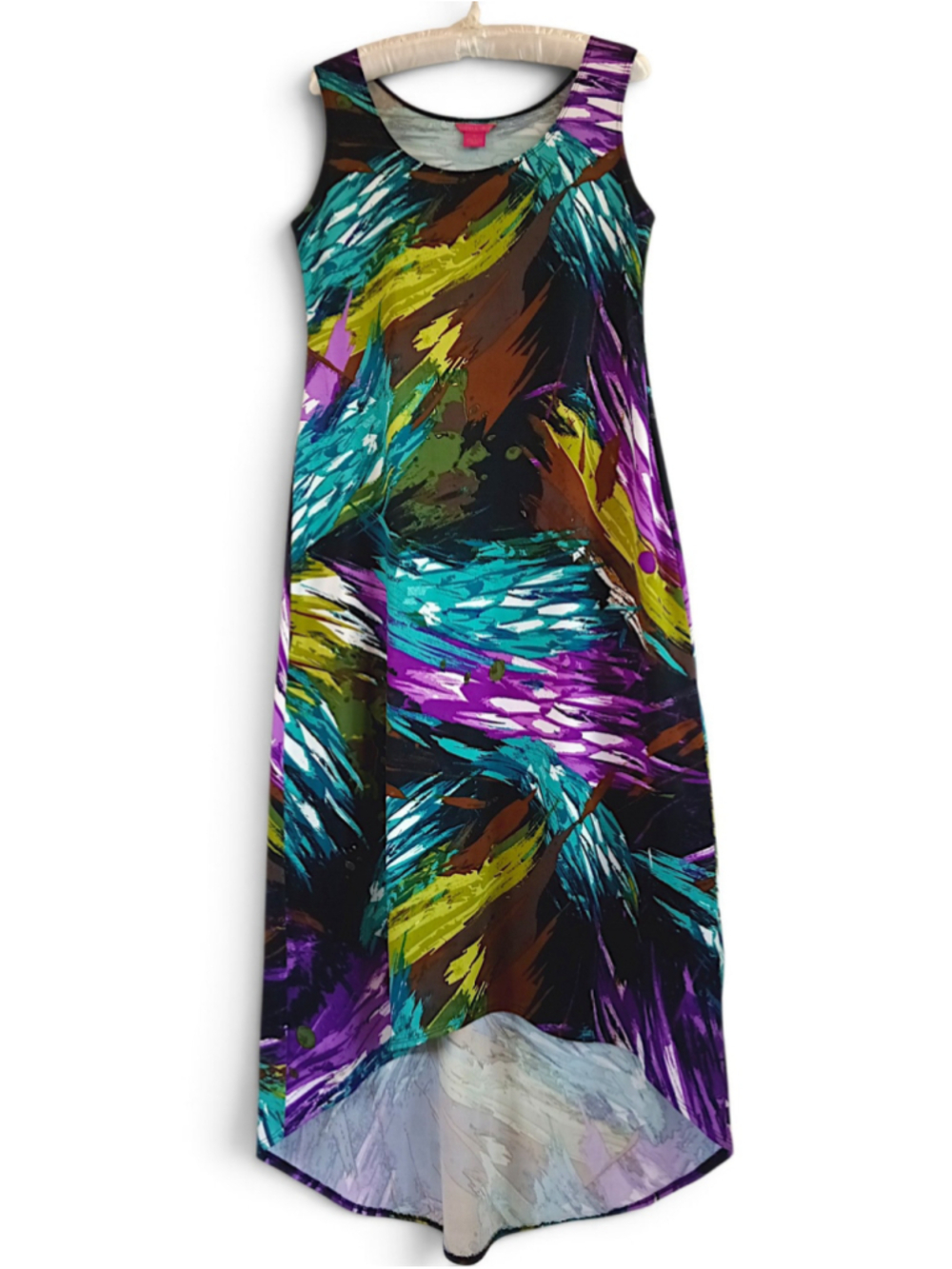Sunny Leigh High Low Dress Black Teal Purple Abstract Print Stretchy colorful M
